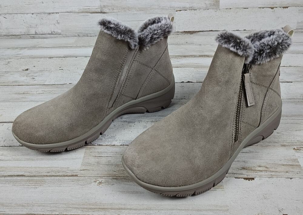 SKECHERS Wmns Size 9.5 Relaxed Fit Easy Going Zip Boots Faux Fur Collar Taupe